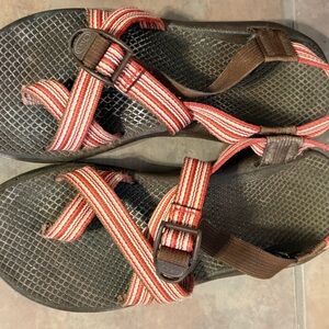 Chaco Red and Brown Striped Sandals